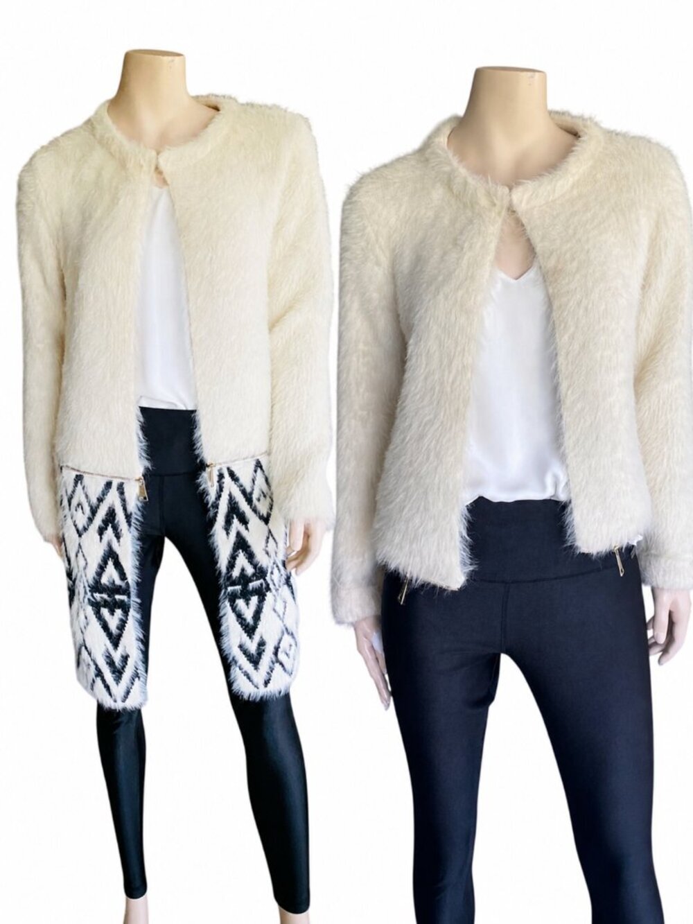 Minkas Faux Fur 2-in-1 Convertible Cardigan Cream & Tribal Print Sz Med